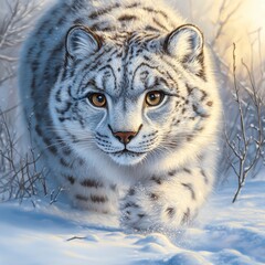 Obraz premium Close up view of a white snow leopard walking through a snowy landscape, illuminated by warm sunlight. The leopard's fur is detailed, and the background is blurred but shows winter branches.