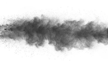 Black powder explosion against white background. Closeup of black dust particles explode isolated on white background. Explosion of white powder isolated. fountain of vaporized foam particles 