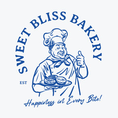 A nostalgic engraving-style illustration of a pastry chef presenting a tray of cookies. Designed in a vintage aesthetic, ideal for bakeries, pastry shops, and dessert branding
