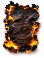 Burning paper with charred edges and bright flames. Isolated on white