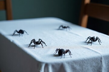 Ghostly cobwebs and spiders on white tablecloth, cobwebs, autumn decor