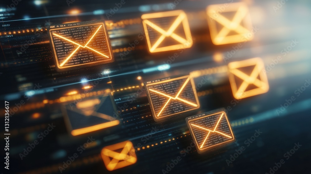 Poster digital representation of a group of emails showcasing modern communication in a fast-paced digital 