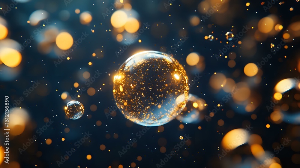 Poster magical glowing soap bubbles floating in dark space with golden bokeh lights and sparkles creating d