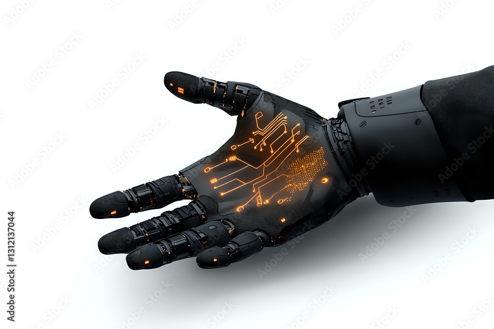 Poster black robotic arm with glowing orange circuit pattern on palm extends forward against white backgrou