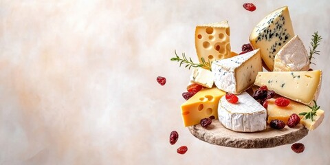 Floating cheese platter with assorted cheeses and dried fruits on a soft cream background