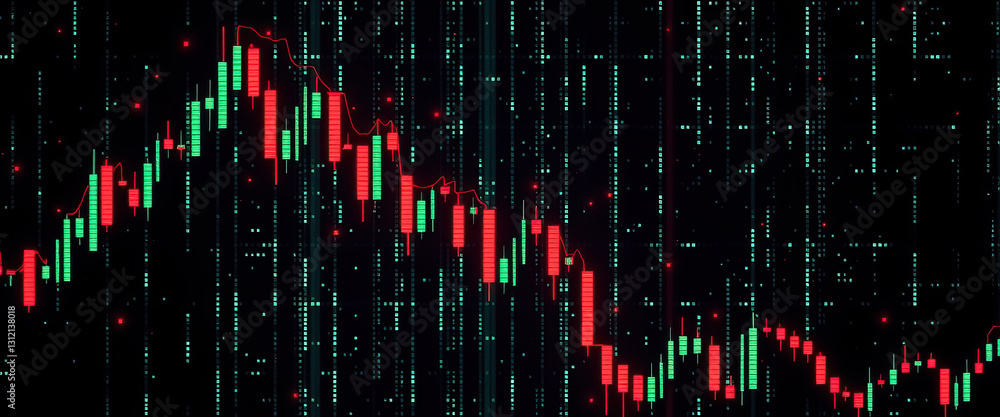 Poster digital chart with green and red bars market trends against matrix like background
