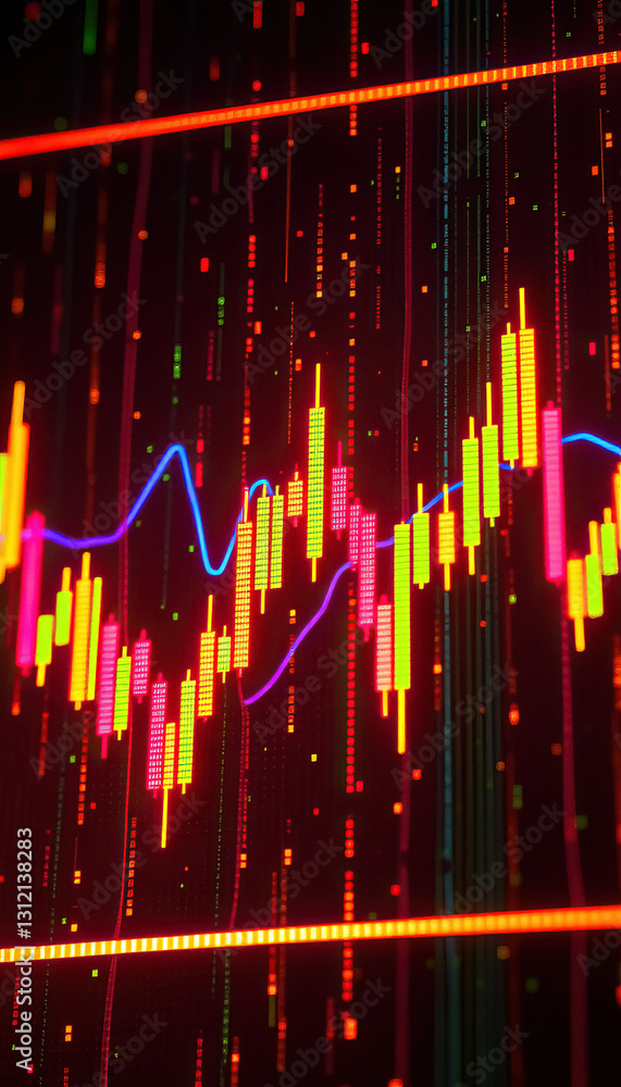 Poster vibrant stock market data display with candlestick chart and line graphs against dark background