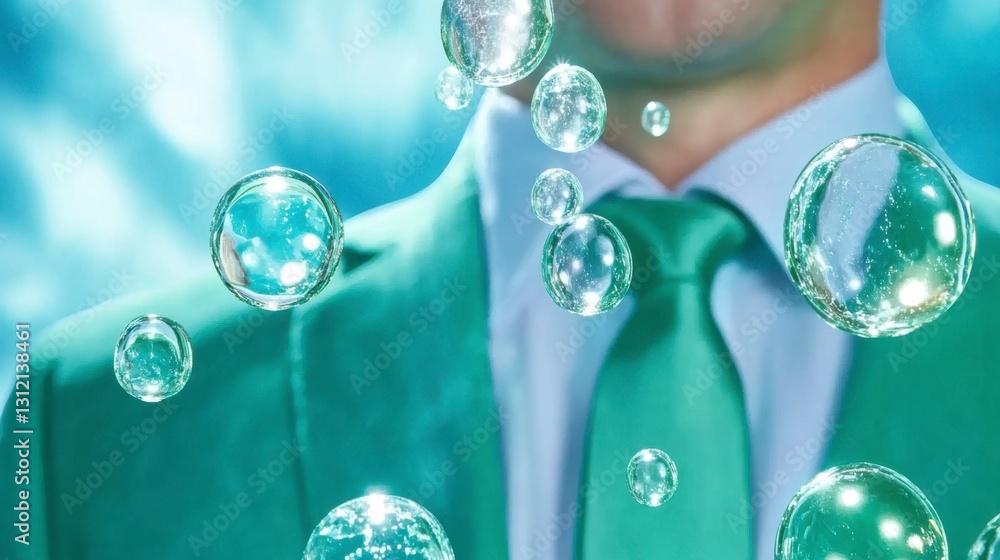 Poster abstract image of a man in a green suit with floating, translucent bubbles. the background is a blur