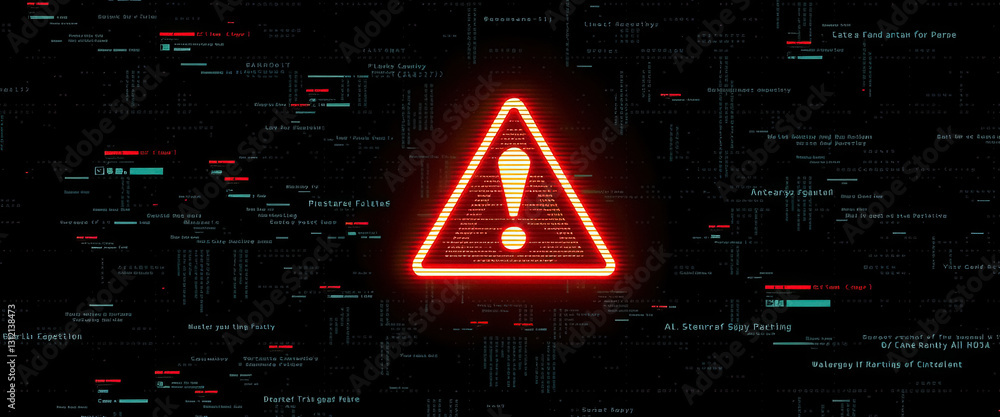 Poster High tech warning alert glowing red exclamation mark signals system security issues