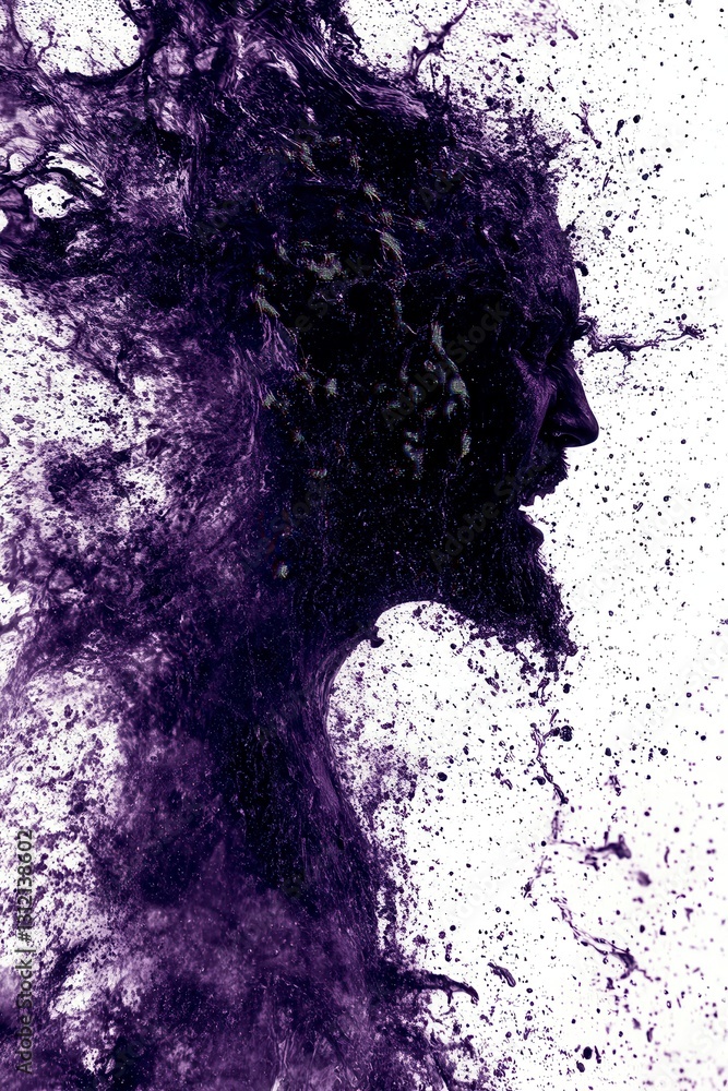 Poster abstract portrait of a face dissolving into purple particles and pixels against a white background. 