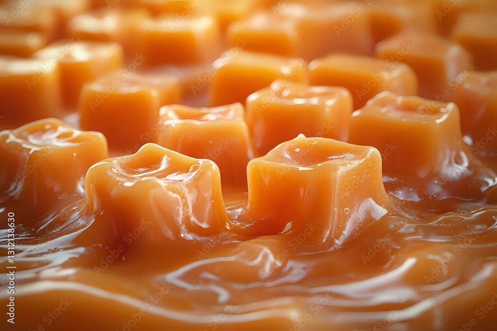 Poster soft caramel candy cubes melting in warm caramel sauce creating smooth swirls and ripples, macro foo