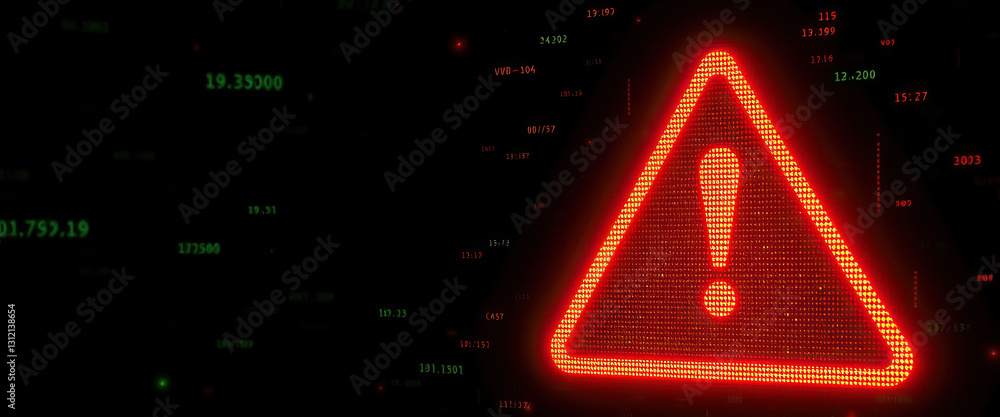 Poster digital red warning sign featuring exclamation point against background of green numbers