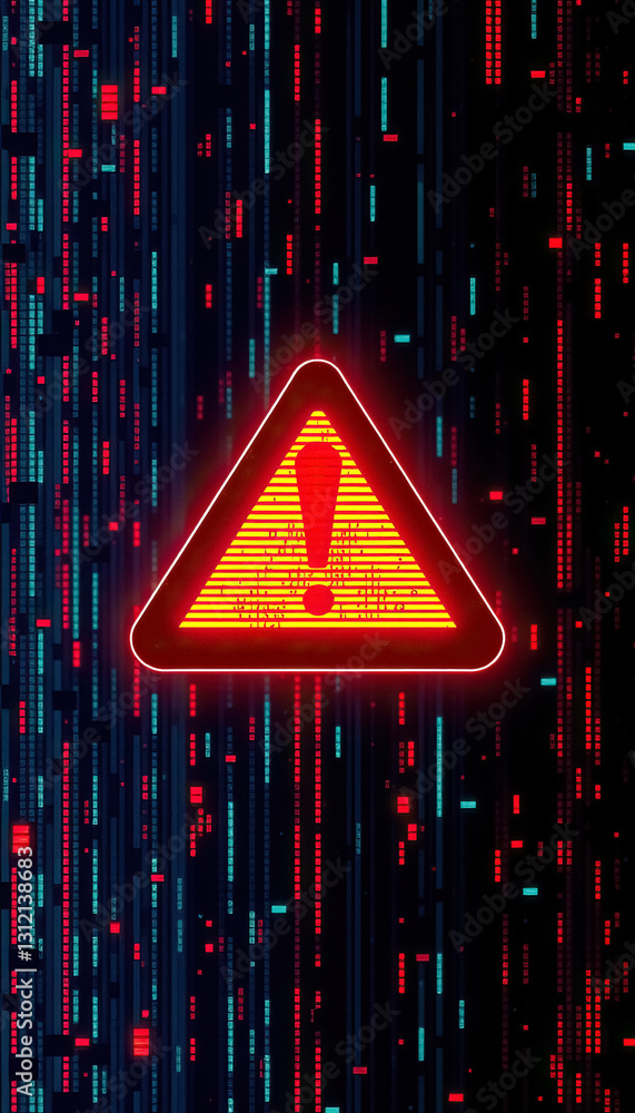 Poster digital warning bright yellow and red caution symbol stands out against pixelated background