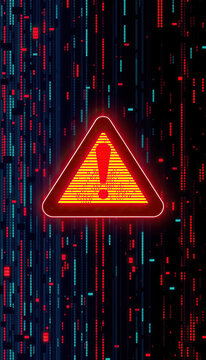 Digital Warning bright yellow and red caution symbol stands out against pixelated background
