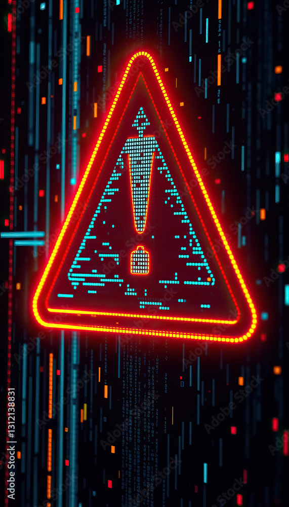 Poster Warning signal on screen with digital code flowing indicating system error security risk