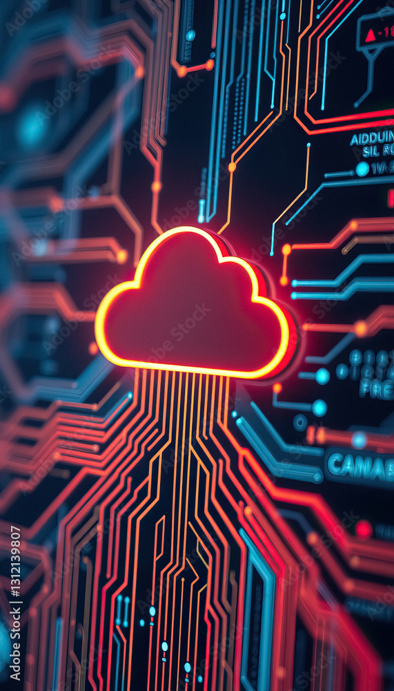 Poster Cloud computing symbol integrated within network of interconnected circuit board pathways