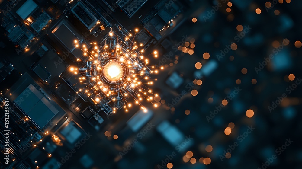 Poster glowing energy core radiates golden light through futuristic geometric circuit pattern against dark 