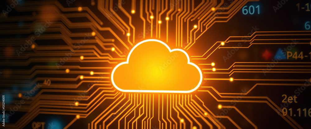 Poster glowing cloud icon surrounded by circuit board patterns represents cloud computing technology