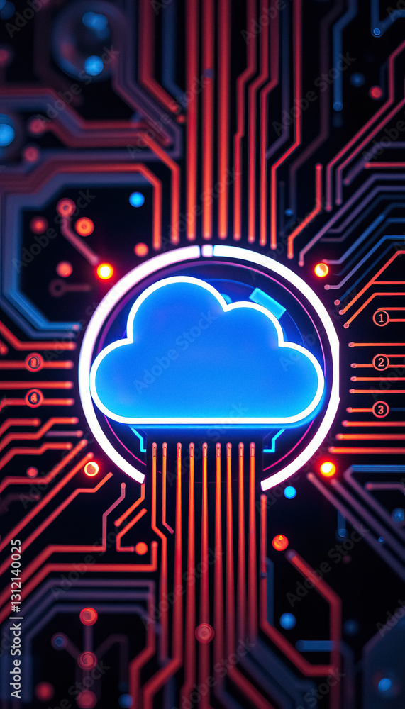 Poster Digital cloud surrounded by interconnected circuits and glowing nodes data transfer