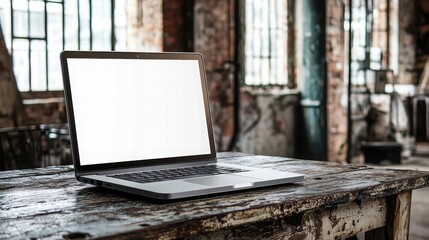 Obraz premium Empty Laptop Screen on Rustic Wooden Table in Urban Loft Setting