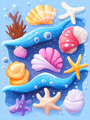 Cartoon seashells and starfish float amidst ocean waves with coral and bubbles on a blue background