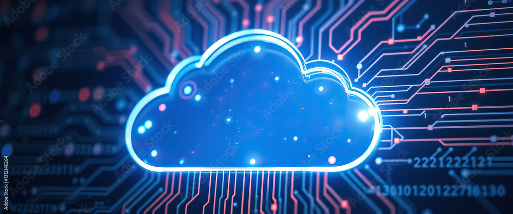 Poster Glowing cloud icon symbolizes digital data storage and computing power Background of circuits
