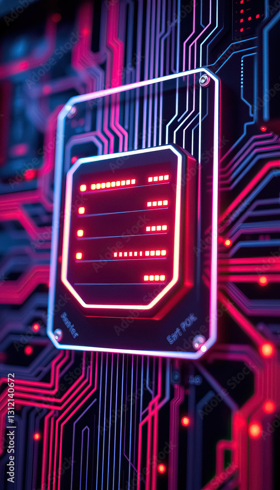 Poster futuristic circuit board with glowing indicators and neon lit pathways on dark surface