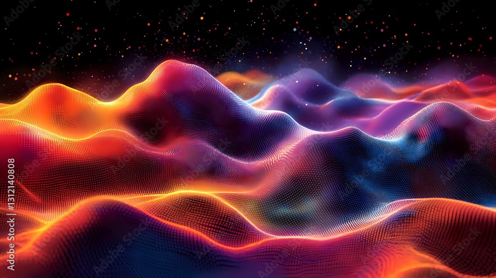 Poster vibrant digital wave landscape with glowing orange and blue gradient mesh lines flowing against dark