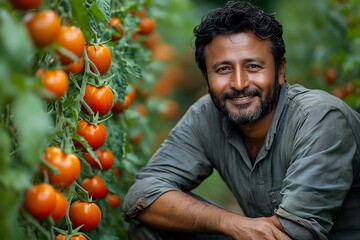 Smiling South Asian male farmer in green shirt near ripe tomato plants in greenhouse, representing sustainable agriculture and organic farming practices.