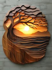 Wood carved mural, big beautiful tree in mahogany at sunset. 