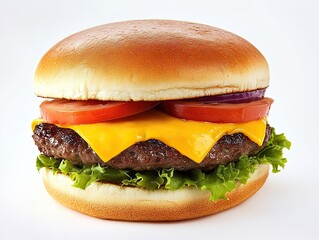 Centered Cheeseburger with Lettuce and Tomato, Detailed Close-Up, High Resolution, Professional Shot, Sharp Focus, Natural Lighting