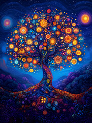 Fantasy landscape with the colorful tree