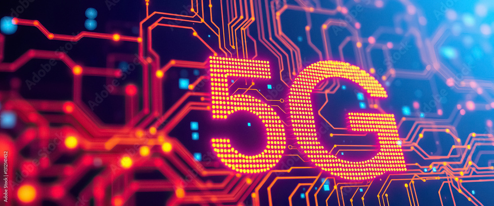 Poster Depiction of advanced 5G technology featuring interconnected network paths with digital signals