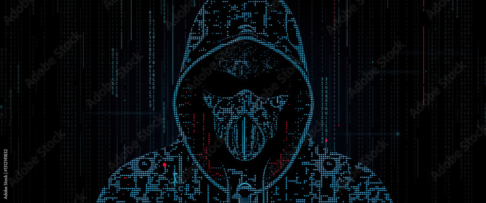 Poster Digital vigilante lurking in shadows of cyberspace coded in lines of binary mystery