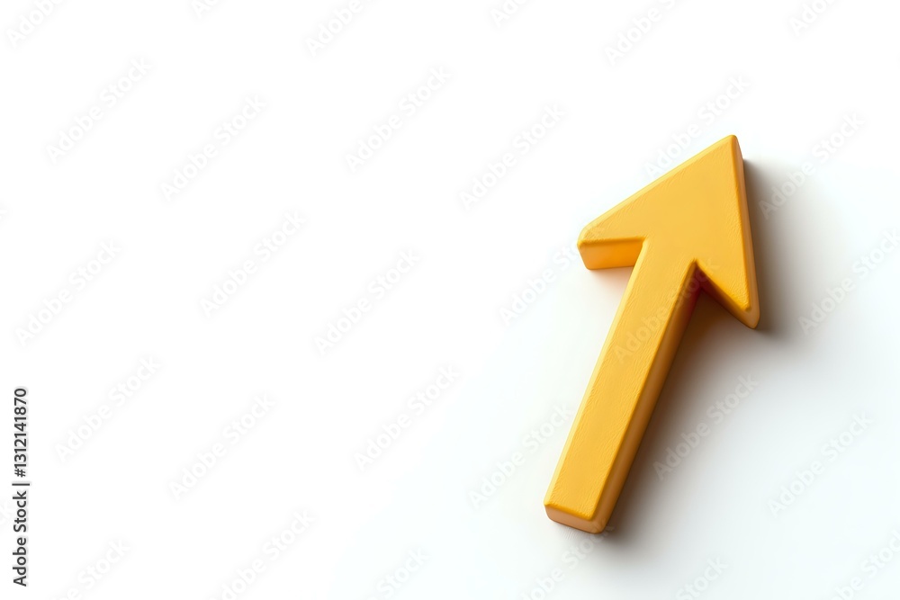 Poster yellow upward pointing arrow symbol on white background with soft shadow, isolated design element fo