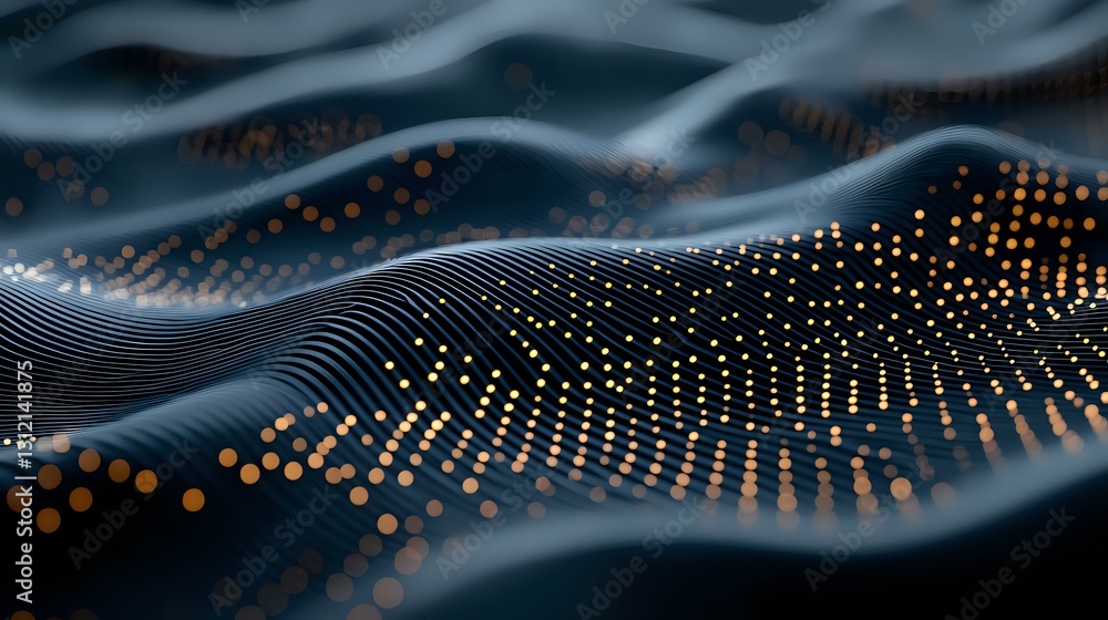 Poster abstract digital wave pattern with glowing orange particles flowing through dark rippling surface cr