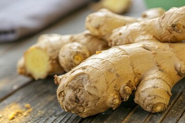 Fototapeta premium Harvesting fresh ginger root a closeup view of rough textured spices in natural environment