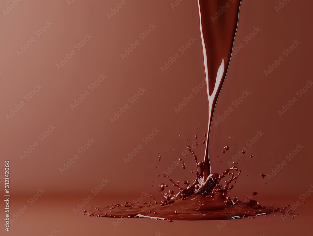 Poster liquid chocolate stream pouring and splashing on brown background creating dynamic splash effect wit