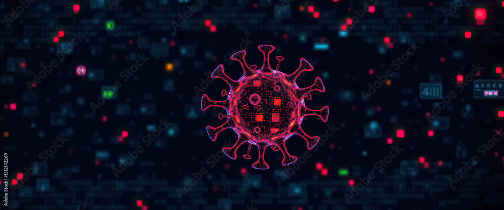 Poster digital rendering of virus cell against background of abstract digital information
