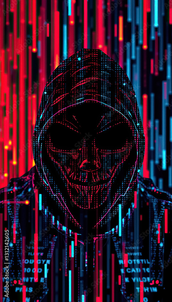 Poster mysterious figure in dark hooded mask overlaid with digital code bathed in colorful light