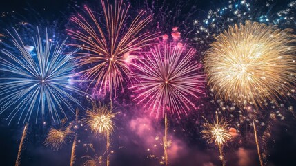 Fototapeta premium A stunning display of colorful fireworks lights up the night sky, capturing the festive and celebratory spirit of a special occasion.