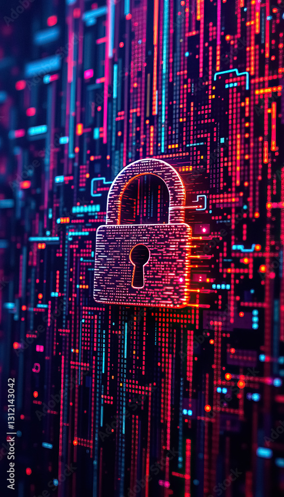 Poster Cyber Security Lock Digital padlock glows against abstract binary code background security concept