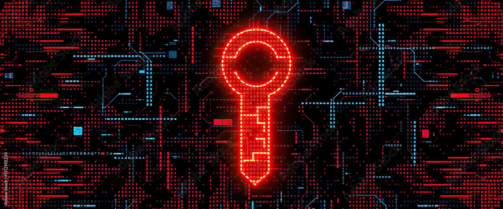 Poster digital bright red key stands out against dark circuit board background security