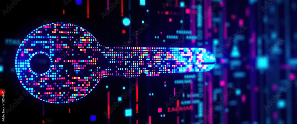 Poster Digital key composed of multicolored pixels against dark background filled with binary code
