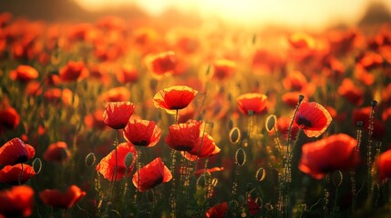 Obraz premium Sunflower field at golden hour, warm sunlight casting a soft glow on the petals generative ai