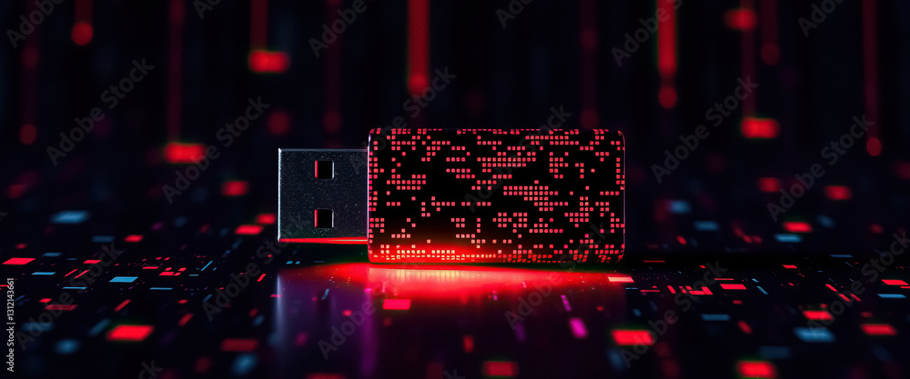 Poster Glowing data storage device with futuristic red pattern lying on digital background