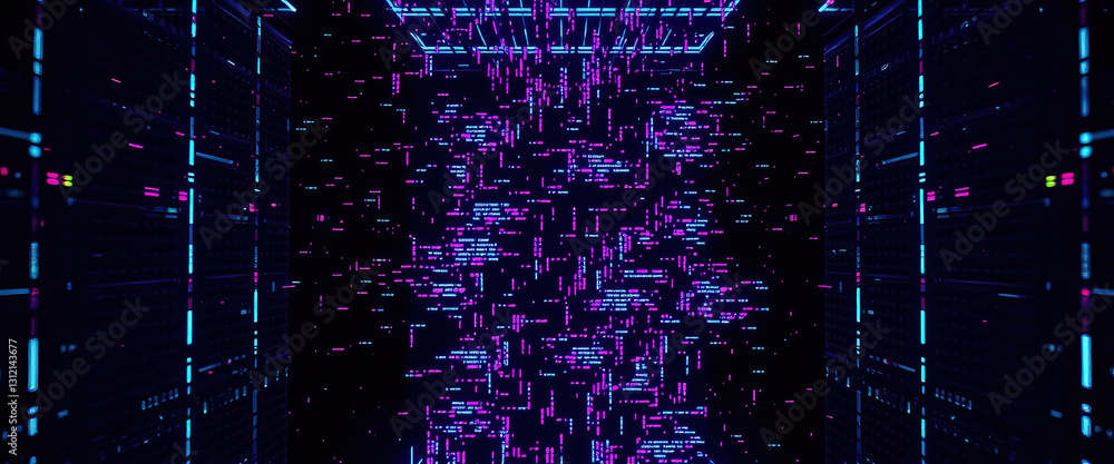 Poster Abstract of data storage servers with glowing lights computer technology