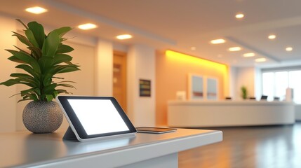 Fototapeta premium Modern tablet on reception desk in office lobby