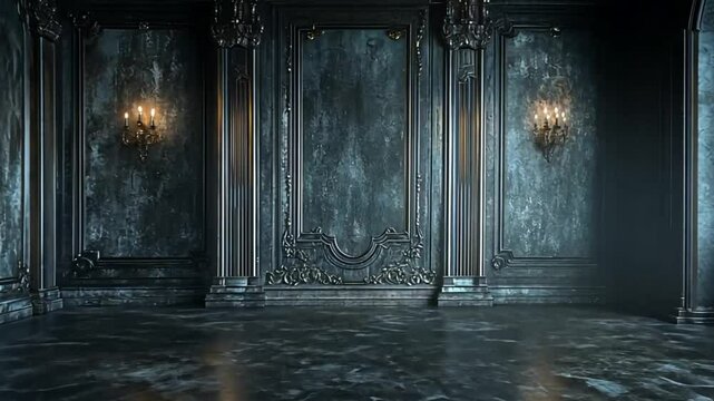 Dark ornate room interior, grand style, historical ambiance, possible use for virtual tours or background
