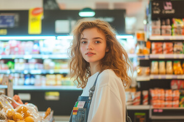 Young person shopping in a vibrant grocery store filled with fresh produce and colorful snacks during the afternoon